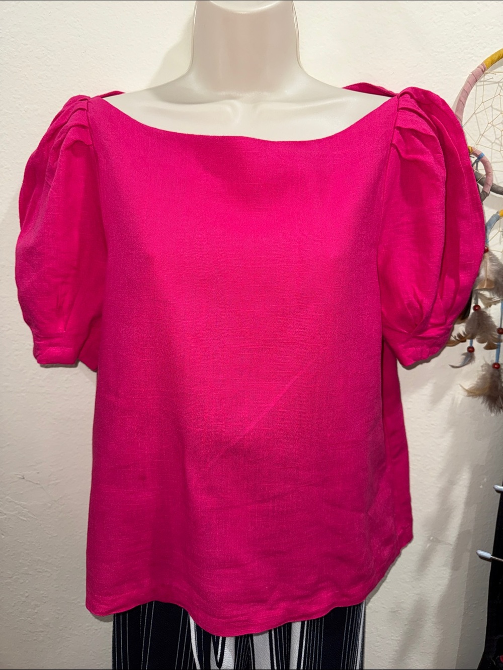 J.O.A. Hot Pink Puff Sleeve Boatneck Blouse